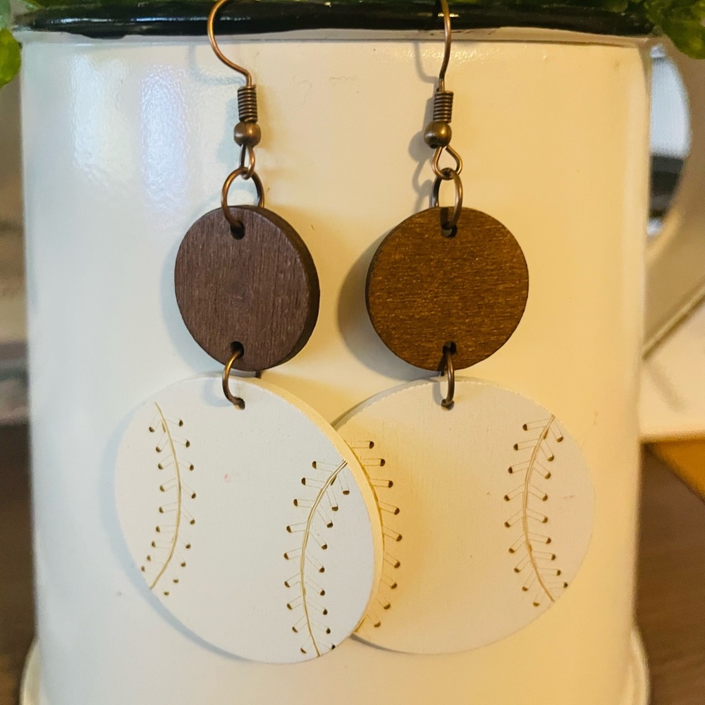 Wood baseball dangle earrings